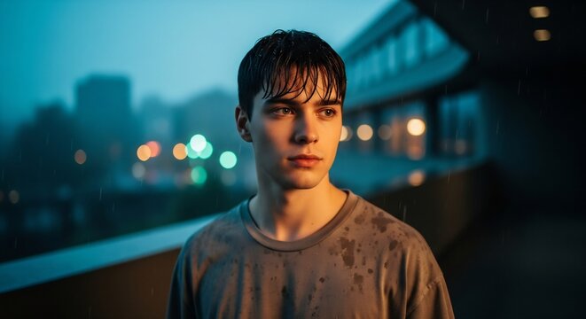 Pensive young man with wet hair standing in the rain against a dark city background at night