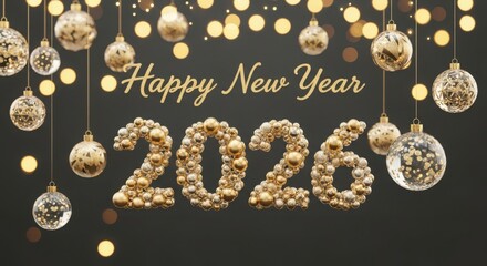 Happy new year 2026 golden luxury celebration with bokeh lights