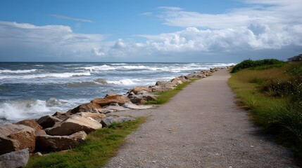 A scenic coastal path winds alongside rocky shores and the turbulent ocean under a cloudy sky