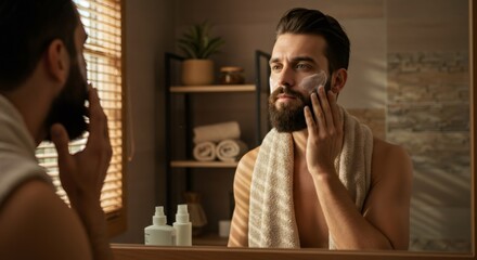 Young man with beard applying foam or cream to his face in bathroom in morning. Mens skincare routine and male grooming concept.