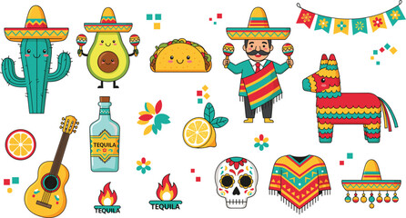 Mexican Fiesta Celebration Vector Set: Sombrero, Cactus, Avocado, Taco, Guitar, Tequila, Pinata, Sugar Skull, and Poncho, Ideal for Cinco de Mayo and Party Graphics