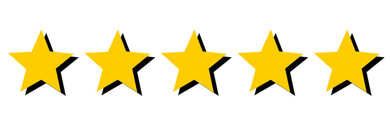 Yellow five star rating symbol for reviews, quality score and customer feedback illustration