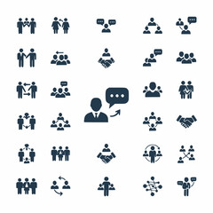 Extensive icon collection featuring business communication, networking, group collaboration, corporate teamwork, and professional partnerships