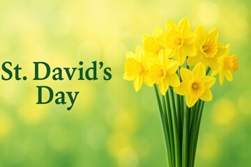 A Beautiful Display of Bright Yellow Daffodils Celebrating the Spirit of St. David’s Day with Lively Green Background Accents for Spring Festivities