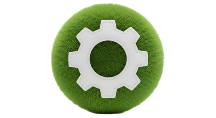 White gear on green grassy sphere against a white background studio on transparent background