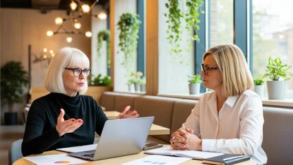 Intellectual Synergy: Two focused individuals engage in a dynamic dialogue, engrossed in a discussion in a bright, modern setting, where ideas flow freely and collaborations thrive.
