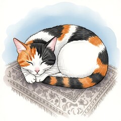 Orange and Black Cat Sleeping on a Rug.