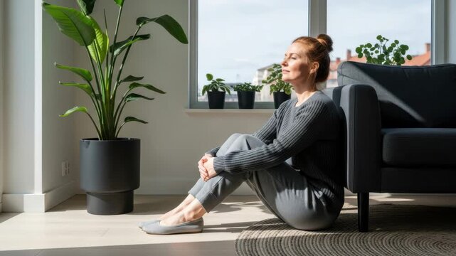 Serene Contemplation in Natural Light: A woman finds peace and tranquility indoors, basking in the gentle embrace of sunlight while connecting with her inner self, surrounded by nature