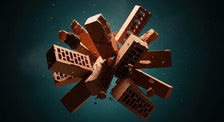 Explosion of red clay construction bricks and debris floating in the air on dark teal background.
