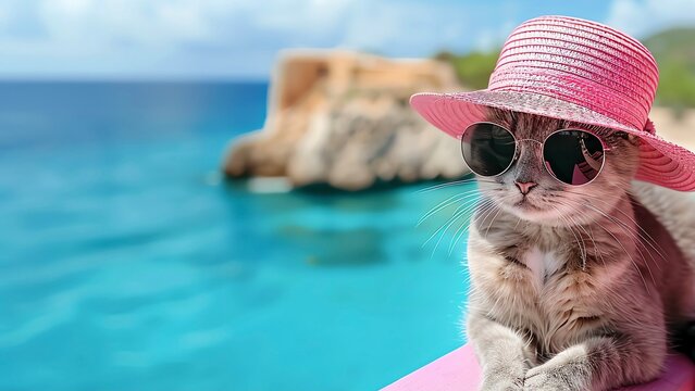 Cat wearing sunglasses relaxing on vacation, sea background.