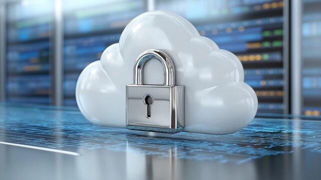 A futuristic digital lock embedded in the middle of a secure cloud, representing the protection of business and personal data across multiple digital devices, surrounded by holographic encryptions