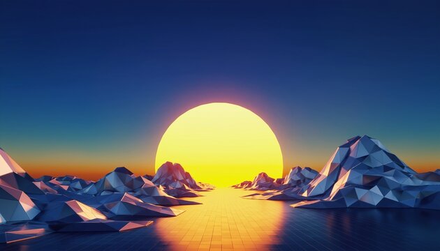 Digital Sunrise Over Low-Poly Mountains