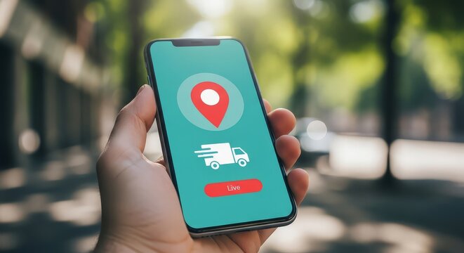 Hand holding smartphone with delivery tracking app displayed on the screen outdoors on a sunny day