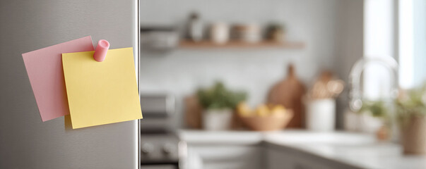 Colorful sticky notes on a refrigerator door, conveying organization, reminders, and a modern, clean kitchen aesthetic. Great for lifestyle, family or home organization.