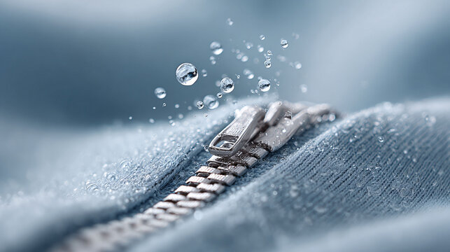 Closeup of a zipper on light blue fabric with water droplets. Illustrates weather resistance, textile technology, protection, or fresh clean concepts.