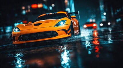 Orange sports car navigating a rain-soaked city street at night. The sleek design and bright color contrast against the dark, blurred background.