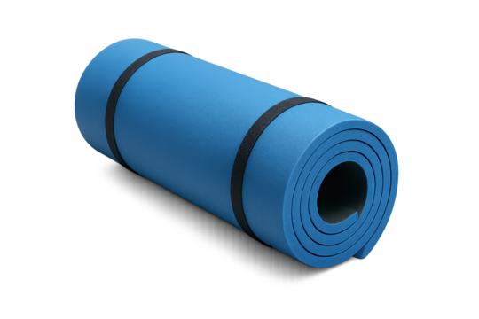 Blue rolled yoga mat with black securing straps, ready for practice