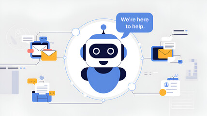 AI-powered virtual assistant chatbot illustration with friendly robot character, customer support and helpdesk concept, automated digital communication, artificial intelligence technology, modern flat