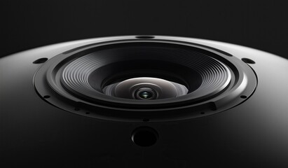 Front view design of immersive 360-degree camera with sleek minimalist design featuring large round lens on upper part against black background.