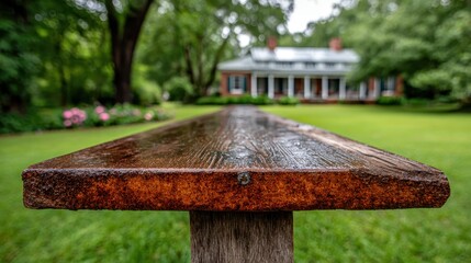Fototapeta premium A wet wooden bench sits prominently in the foreground, offering a unique perspective on the tranquil, landscaped grounds and a classic home.