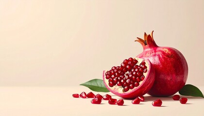 Halved ripe pomegranate with glossy red seeds scattered on light surface and neutral background