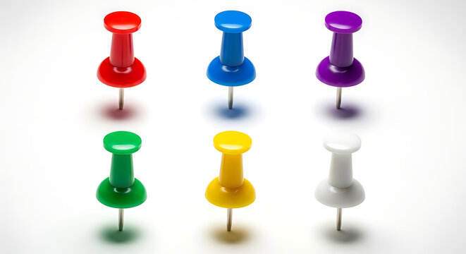 Colorful Push Pins Close-up of Red, Blue, Purple, Green, Yellow, and White Tacks on White Background