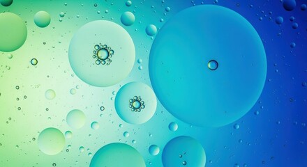 Mesmerizing oil water bubbles gracefully float within a vibrant gradient of green to blue, forming a stunning abstract liquid science background