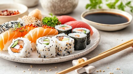 A delicious plate of fresh sushi, elegantly arranged on a white plate