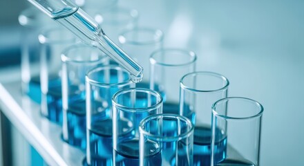 Modern laboratory experiment precisely dispenses vital blue chemical liquid into multiple clear test tubes, representing medical research innovation