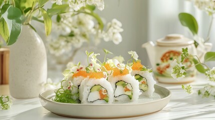 A delicious plate of fresh sushi, elegantly arranged on a white plate