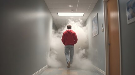 A man walks into dense white smoke filling a gray hallway, wearing a red hoodie and blue jeans; mysterious, atmospheric, and slightly ominous.