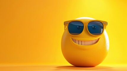 A Cheerful Orange Character with Sunglasses and a Broad Smile Against a Bright Yellow Background, Radiating Happiness and Joy