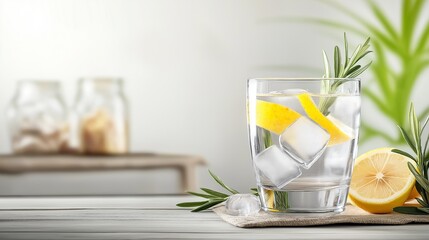 A glass of sparkling water with ice cubes and lemon slices, placed on a light wooden surface