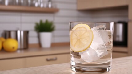 A glass of sparkling water with ice cubes and lemon slices, placed on a light wooden surface