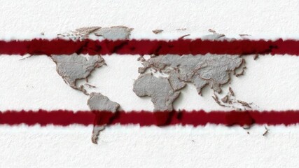 World map red illustrating global connection and traversal global cartographic view with bold red indicating route journey or linkage across continents