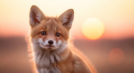Obraz premium Adorable Red Fox Kit Bathed in Golden Sunlight at Sunset