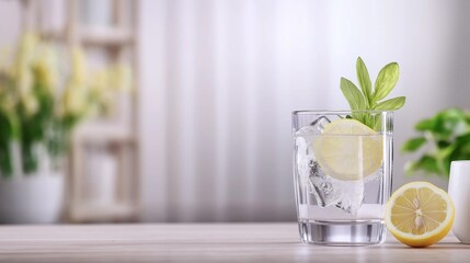 A glass of sparkling water with ice cubes and lemon slices, placed on a light wooden surface
