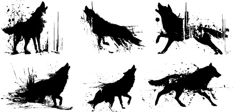 Black ink splatter wolf silhouettes set for artistic design and decoration