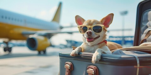 A Joyful Dog Ready for Adventure at the Airport, Sporting Sunglasses While Relaxing on a Luggage, Capturing the Spirit of Travel and Companionship