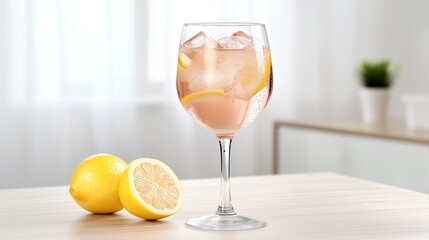 A glass of sparkling water with ice cubes and lemon slices, placed on a light wooden surface