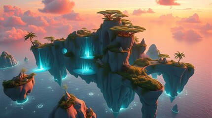 Surreal floating island archipelago with bioluminescent flora and golden-hour cinematic 3D landscape.