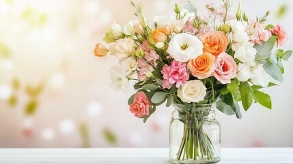 A delicate bouquet of fresh flowers in a glass vase on a white table, with soft natural light casting gentle shadows