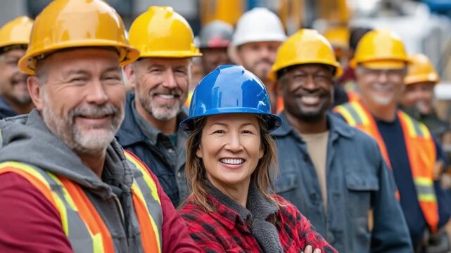 Construction Crew Smiling: A close-up of a construction crew smiling confidently, representing the diverse and skilled workforce, united in their profession.