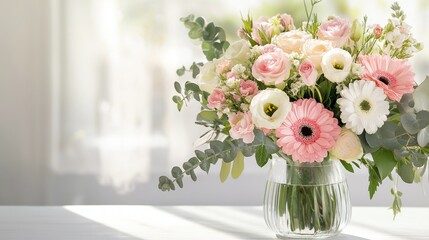A delicate bouquet of fresh flowers in a glass vase on a white table, with soft natural light casting gentle shadows