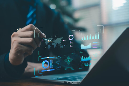 Businessman analyzing digital dashboards with charts and AI data on a laptop, showing data analytics, business intelligence, and performance tracking. technology digital data reporting dashboard