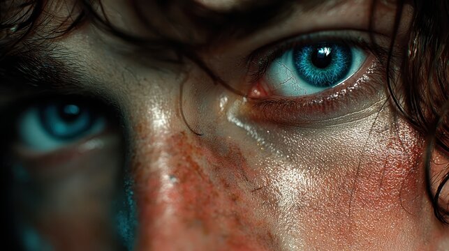 A very detailed close-up of an individual?s face. A piercing bright blue eye draws you in, with marks on the skin telling an unseen story. - Powered by Adobe