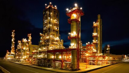 Illuminated Refinery at Night: A striking, brightly lit refinery complex stands against the backdrop of a starlit night, showcasing the industry's architectural grandeur and nocturnal operations.