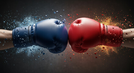 Boxing Gloves Clash: Intense Red vs Blue Fight, Action-Packed Sports Showdown, Competitive Sparring, Dramatic Conflict, High-Energy Boxing Match