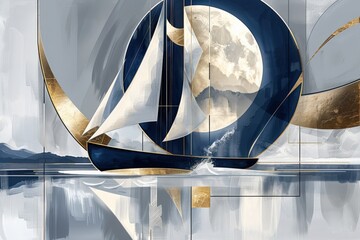 A Serene Sailing Experience: A Majestic Yacht Gliding Through Reflective Waters Under the Moonlight in a Harmonious Artistic Composition