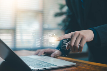 Businessman review digital documents on a laptop, representing online document management, verification workflow, file processing, and organized digital paperwork. document file electronic